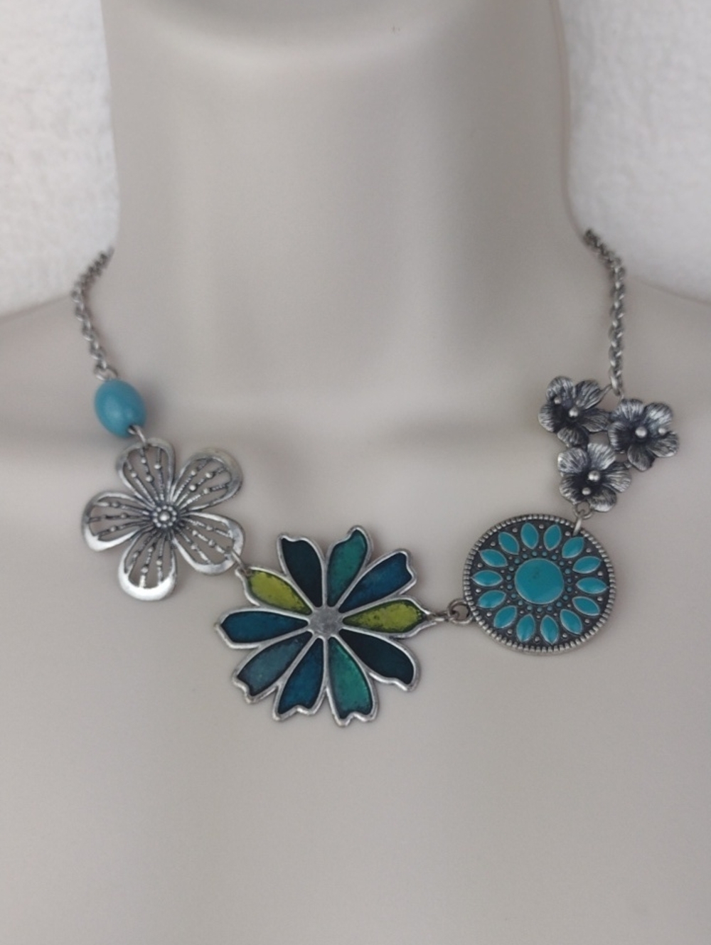 Teal Green Turquoise & Vintage Yellow Enameled Flower Charm Necklace